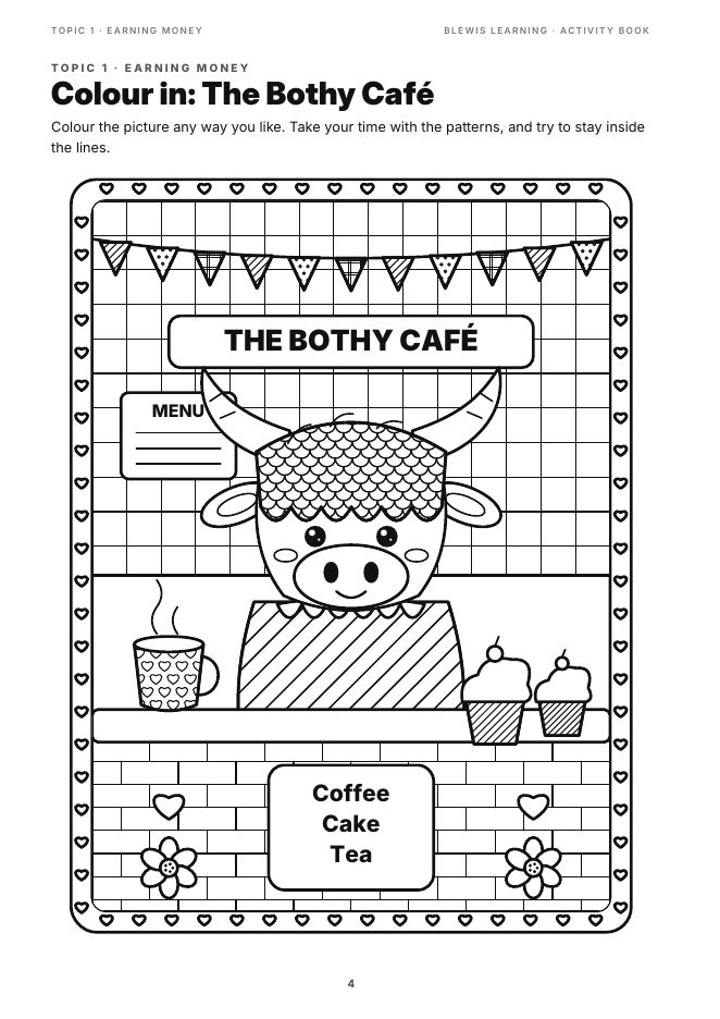 Colouring page with a Highland cow in a café
