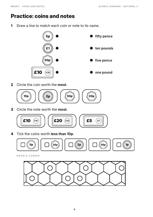 National 2 practice page with coins to match and circle
