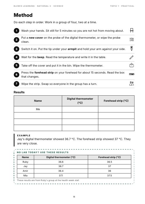 Science practical method page for taking temperature