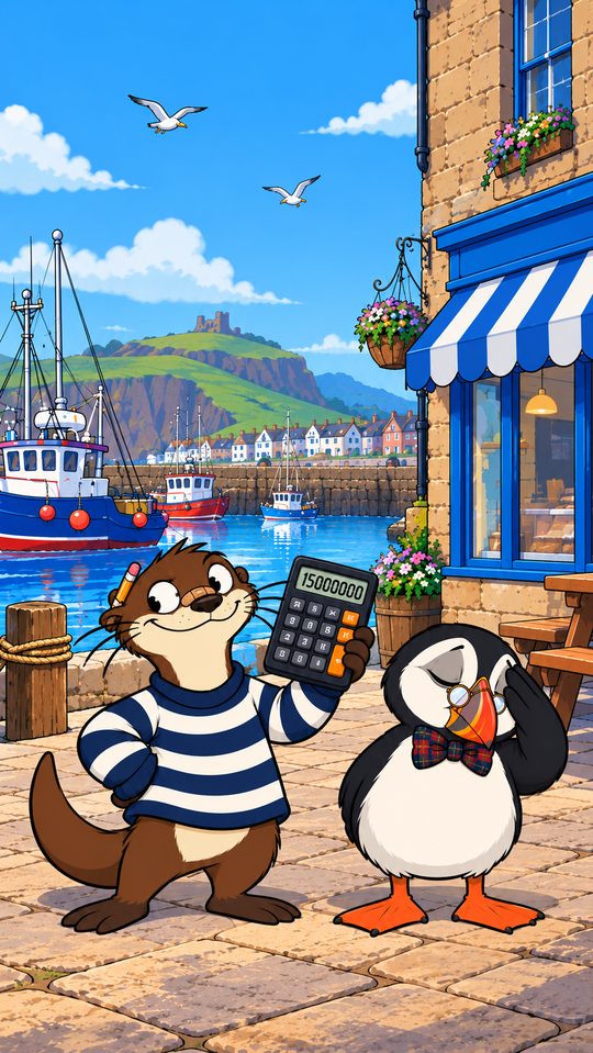 Tattie the otter proudly holding a calculator beside Morag the puffin, outside a harbour chip shop