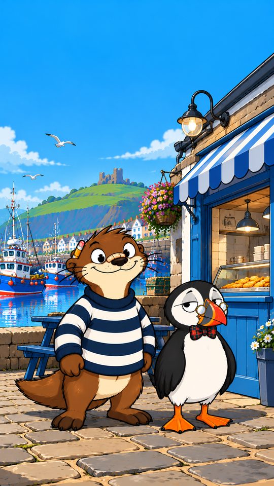 Tattie and Morag standing together outside the harbour chip shop